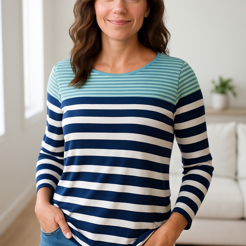 M8) Striped Long Sleeve Modal Blend Top with Side Zipper – Navy & Teal – Size 1x
